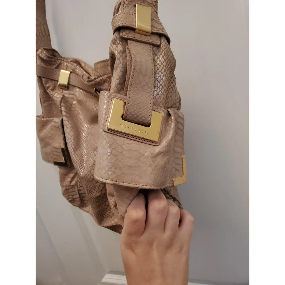 Michael Kors Fulton Hobo Bag Beige Python Embossed Leather Shoulder Purse Gold H